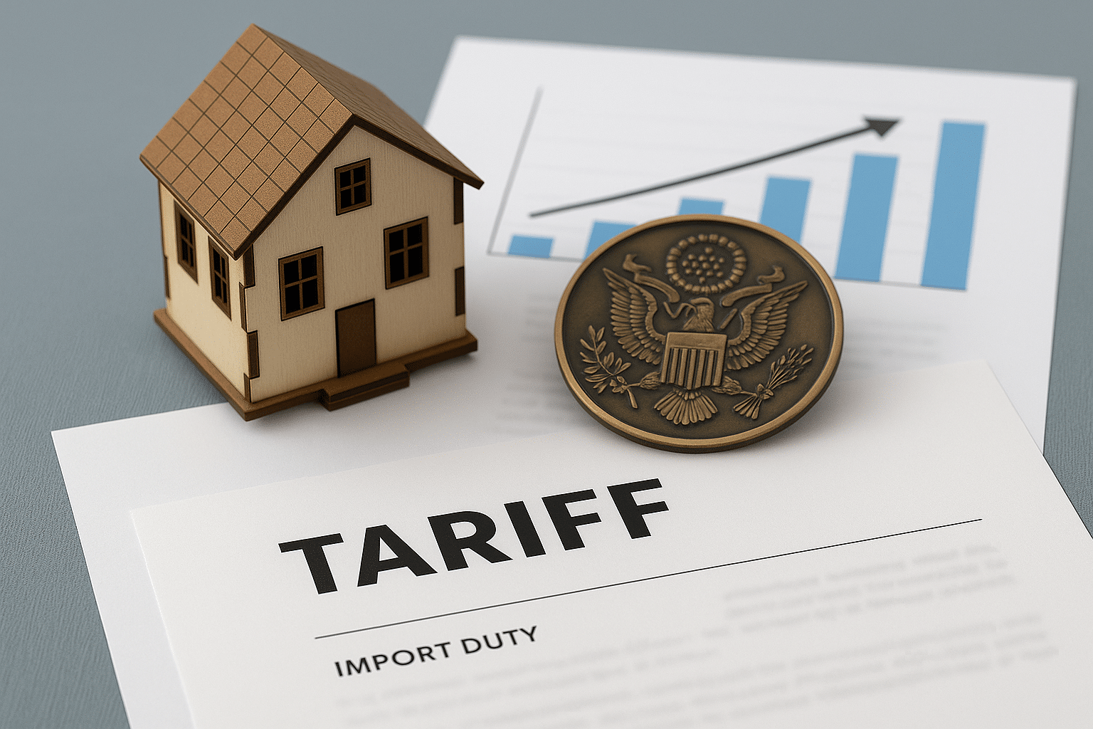 A document labeled "Tariff Import Duty" is on a desk with a small model house, a US seal, and a paper showing a rising bar graph.