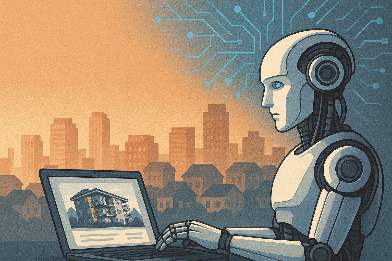 A robot uses a laptop displaying a house image, with a city skyline and digital circuit lines in the background.