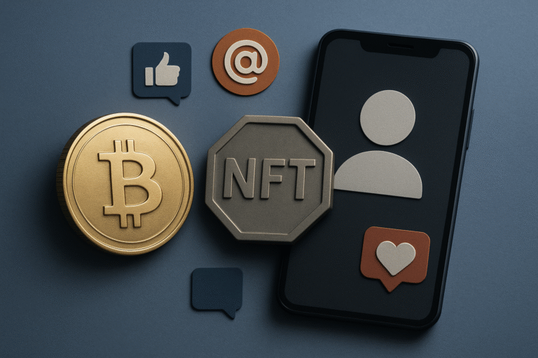A gold Bitcoin, an NFT token, and social media icons are arranged next to a smartphone displaying generic profile symbols on a dark surface.