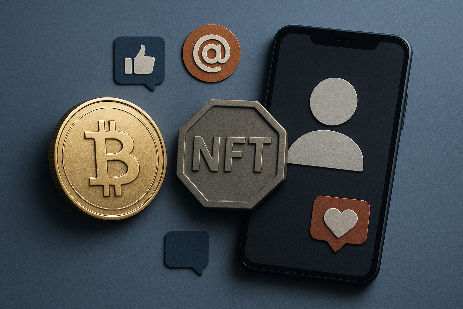 A gold Bitcoin, an NFT token, and social media icons are arranged next to a smartphone displaying generic profile symbols on a dark surface.