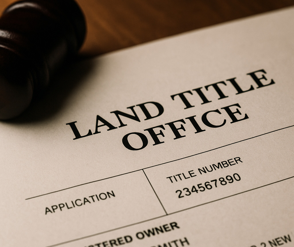Close-up of a document from the Land Title Office showing an application with a title number, next to part of a wooden gavel.