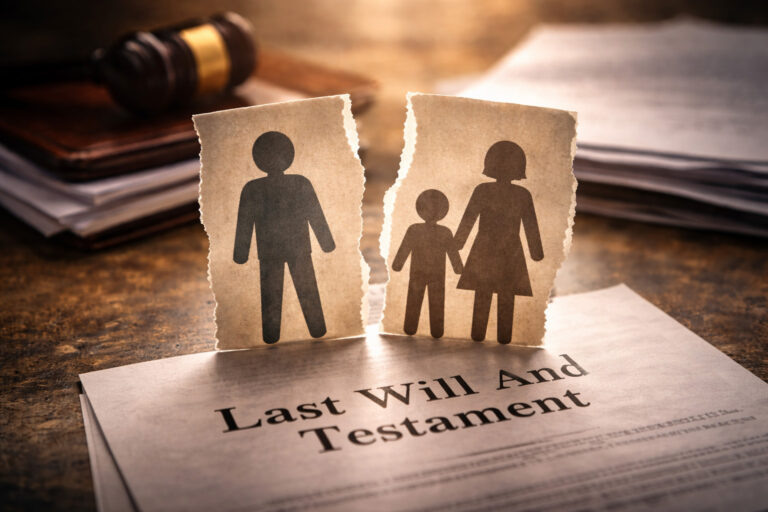A torn paper showing a man separated from a woman and child is placed on top of a last will and testament document, with a judge's gavel in the background.