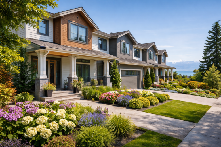 A row of modern suburban houses with front porches, well-maintained gardens, manicured lawns, and colorful flowering shrubs along a sunny residential street.