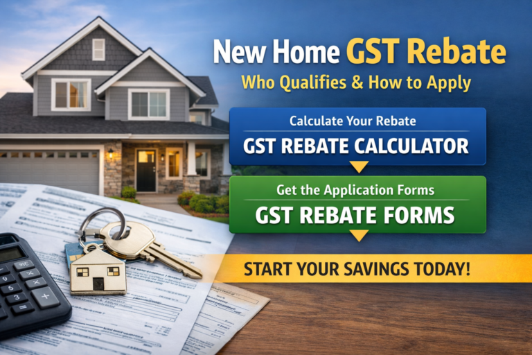 A house with keys, calculator, and paperwork; text promotes a new home GST rebate, qualification details, calculator, and forms.