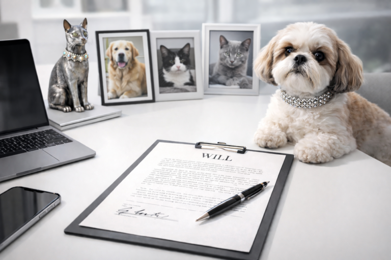 A small dog wearing a jeweled collar sits next to a will on a clipboard, a pen, laptop, phone, and framed photos of pets on a desk.
