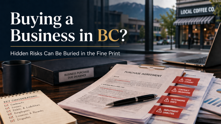 A desk with documents titled "Purchase Agreement" and "Business Purchase Due Diligence," a laptop, and notes about risks of buying a business in BC, with a coffee shop visible outside the window.