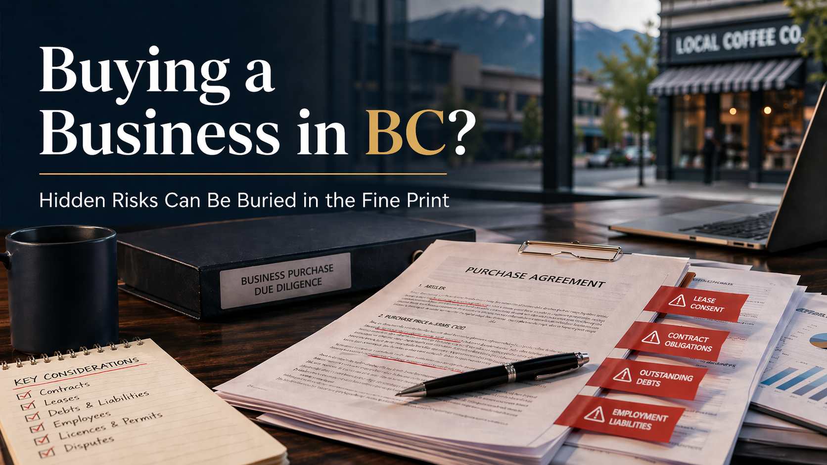 A desk with documents titled "Purchase Agreement" and "Business Purchase Due Diligence," a laptop, and notes about risks of buying a business in BC, with a coffee shop visible outside the window.