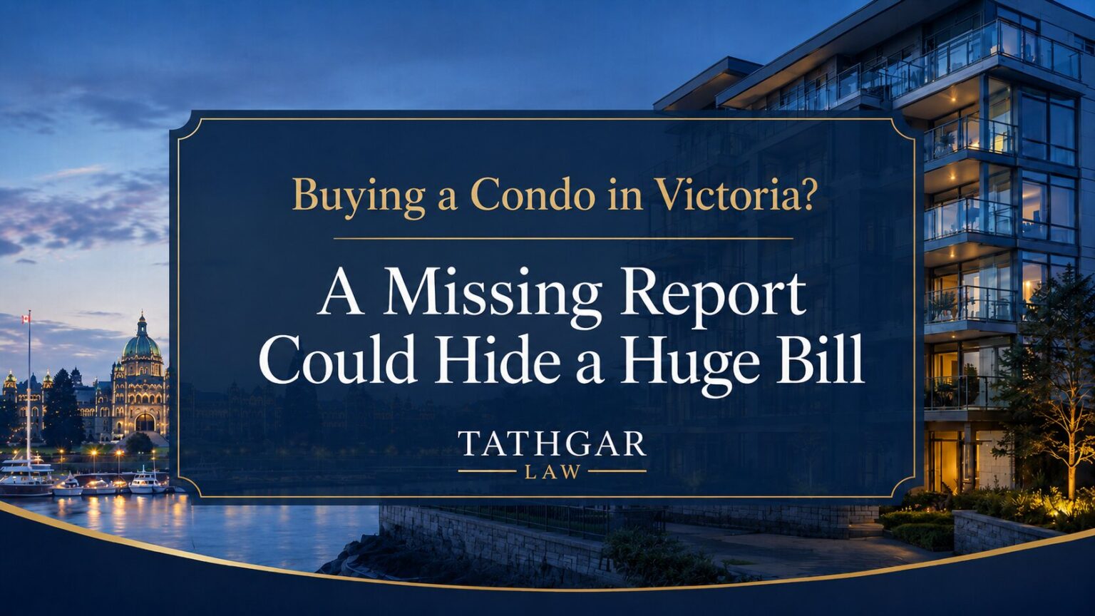 A law firm's ad warns condo buyers in Victoria about potential hidden costs from missing reports, against a backdrop of harborfront buildings at dusk.