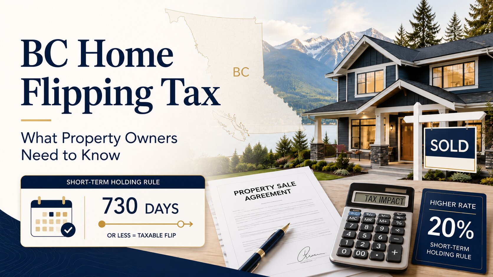 Infographic on the BC Home Flipping Tax featuring a house, contract, calculator, and key facts: highlights the 730-day rule and the 20% short-term tax rate for properties sold within two years. Learn how the BC home flipping tax impacts homeowners and real estate investors.