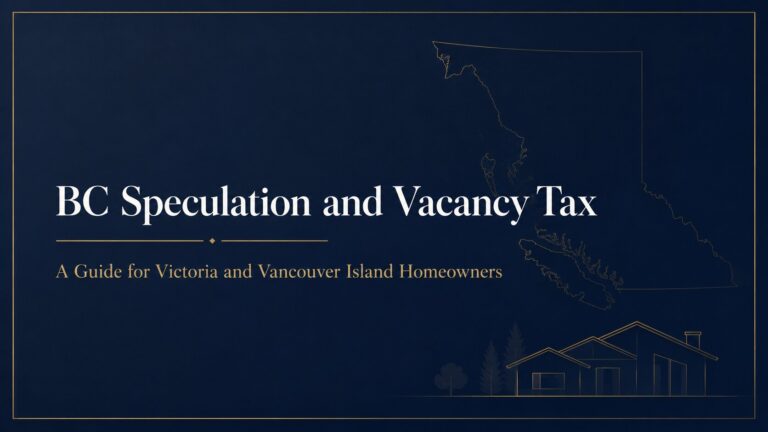 Title slide reads "BC Speculation and Vacancy Tax: A Guide for Victoria and Vancouver Island Homeowners" with a map outline and house graphic on a dark blue background, introducing the essentials of the BC speculation tax in an accessible format.