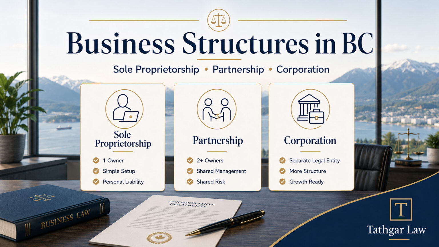 Infographic displays business structures in BC: Sole Proprietorship, Partnership, and Corporation, with key features of each listed, against a backdrop of city, water, and mountains.