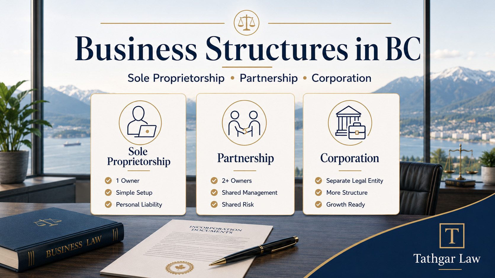 Infographic displays business structures in BC: Sole Proprietorship, Partnership, and Corporation, with key features of each listed, against a backdrop of city, water, and mountains.