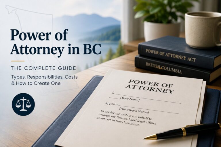 A desk with a Power of Attorney BC document, pen, legal books, a coffee cup, and a plant. Text reads “Power of Attorney in BC: The Complete Guide.” Lake and mountains visible outside the window.