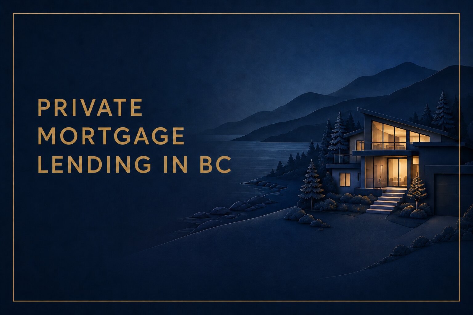 Modern house lit up at night by a lake with mountains in the background; text reads “Private Mortgage Lending in BC.”.