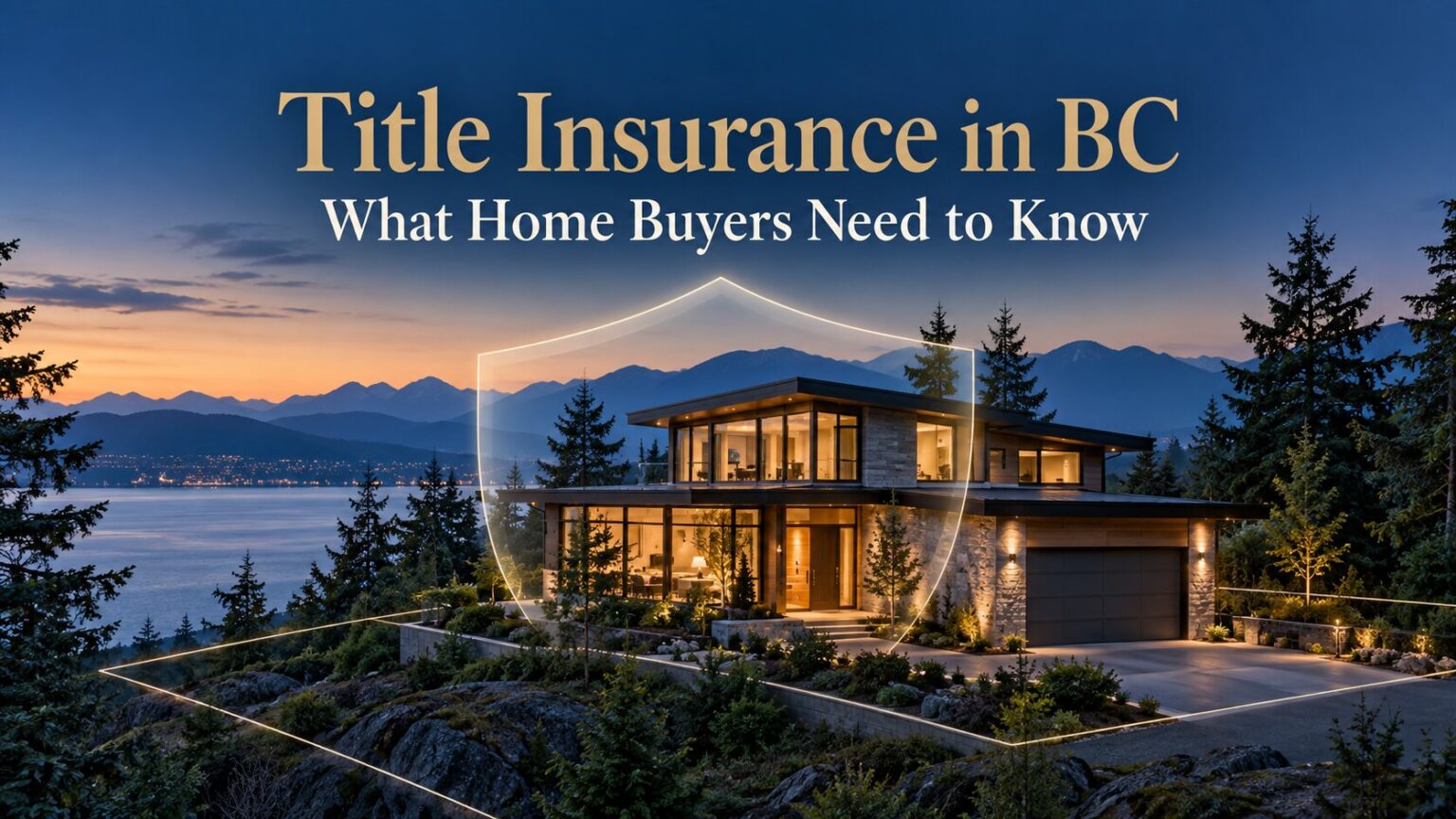 Modern home on a forested hillside at sunset, mountains in the background, with text: “Title Insurance in BC - What Home Buyers Need to Know.”.