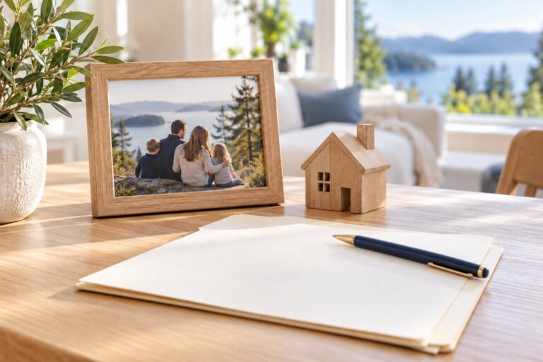 A wooden picture frame containing a photo of a family sitting outdoors, next to a small wooden house model, a pen, and a blank sheet of paper on a desk.
