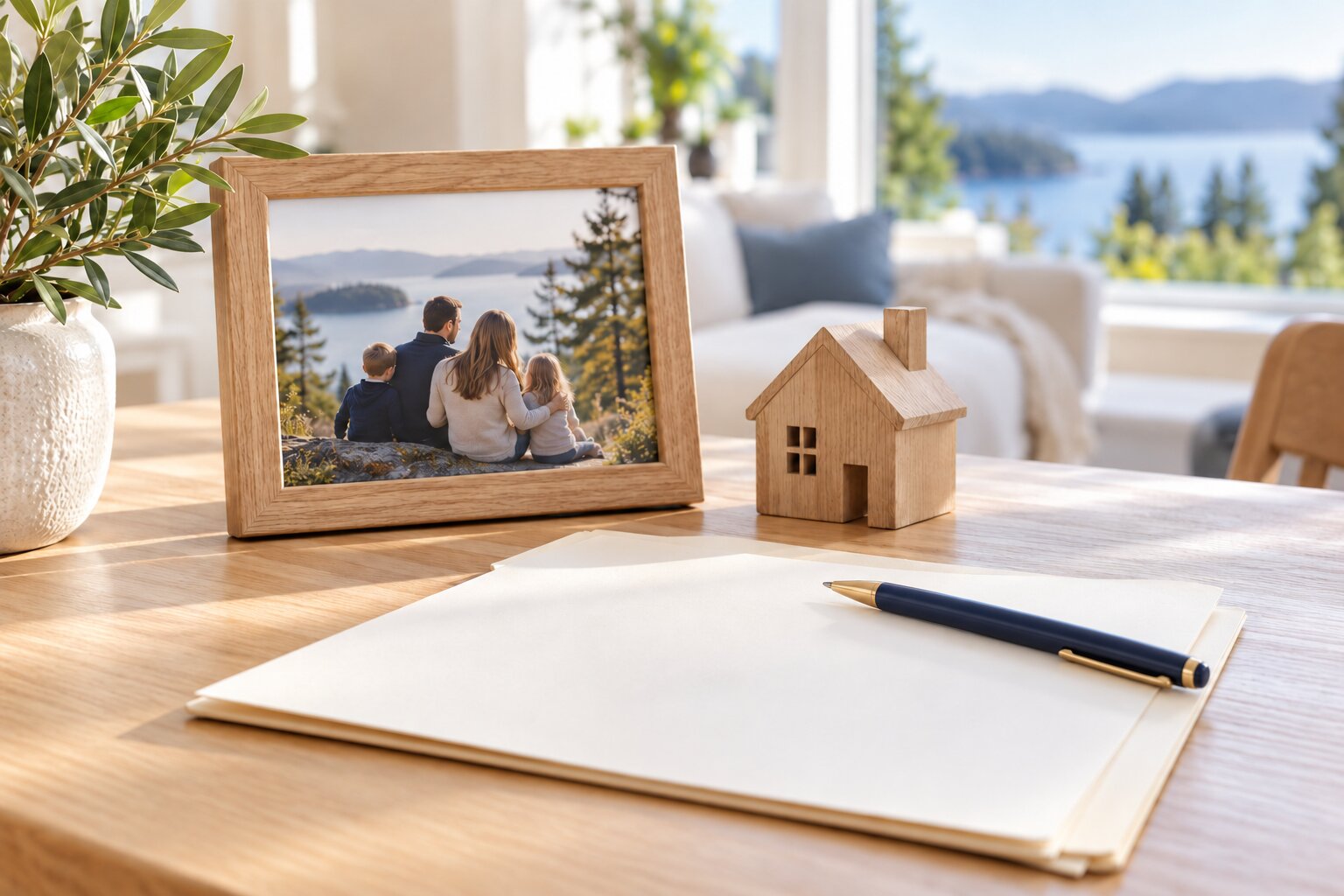 A wooden picture frame containing a photo of a family sitting outdoors, next to a small wooden house model, a pen, and a blank sheet of paper on a desk.