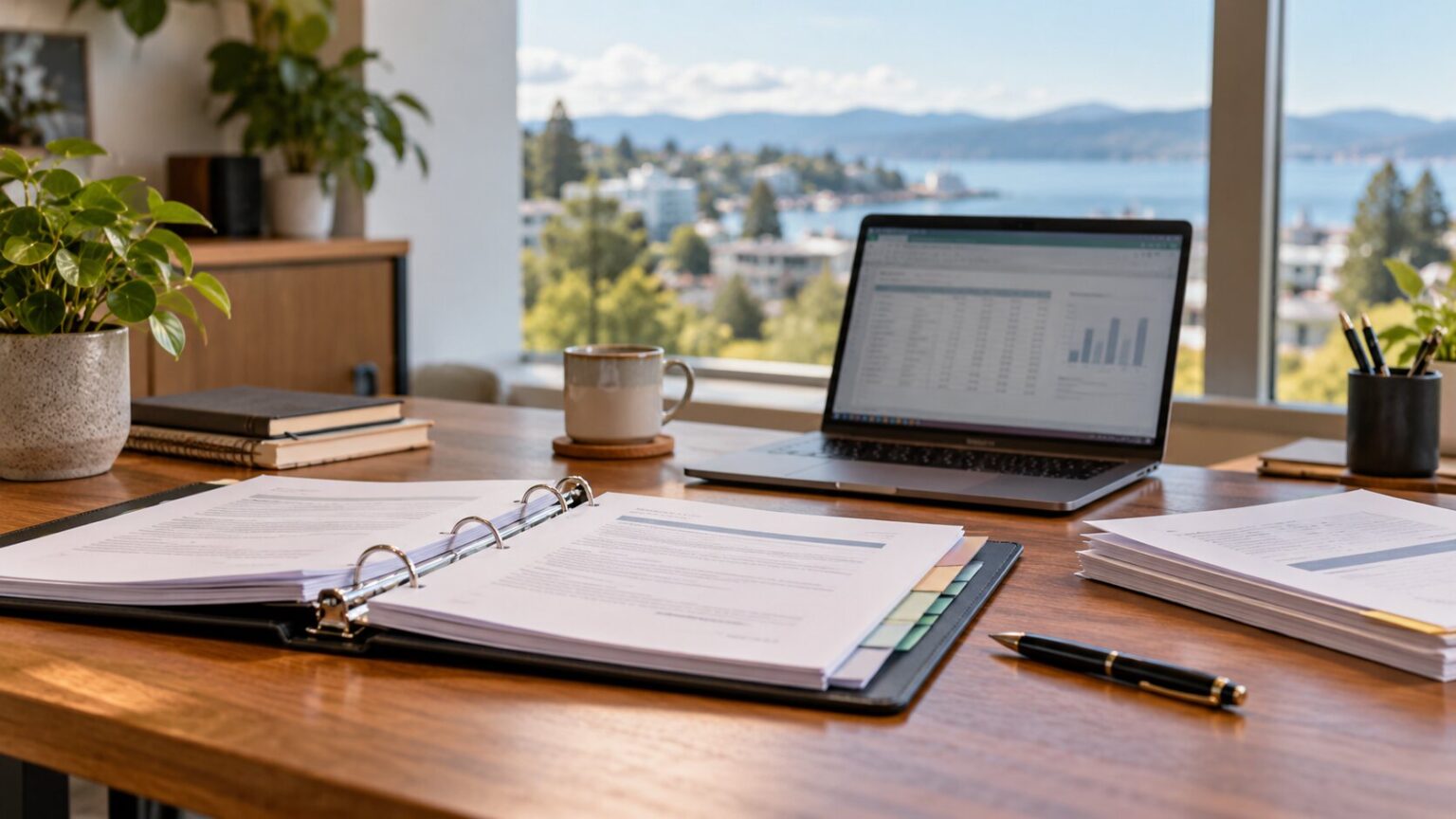A wooden desk with an open binder, a laptop displaying charts, a coffee mug, and papers, set in front of a window overlooking a bay and town.